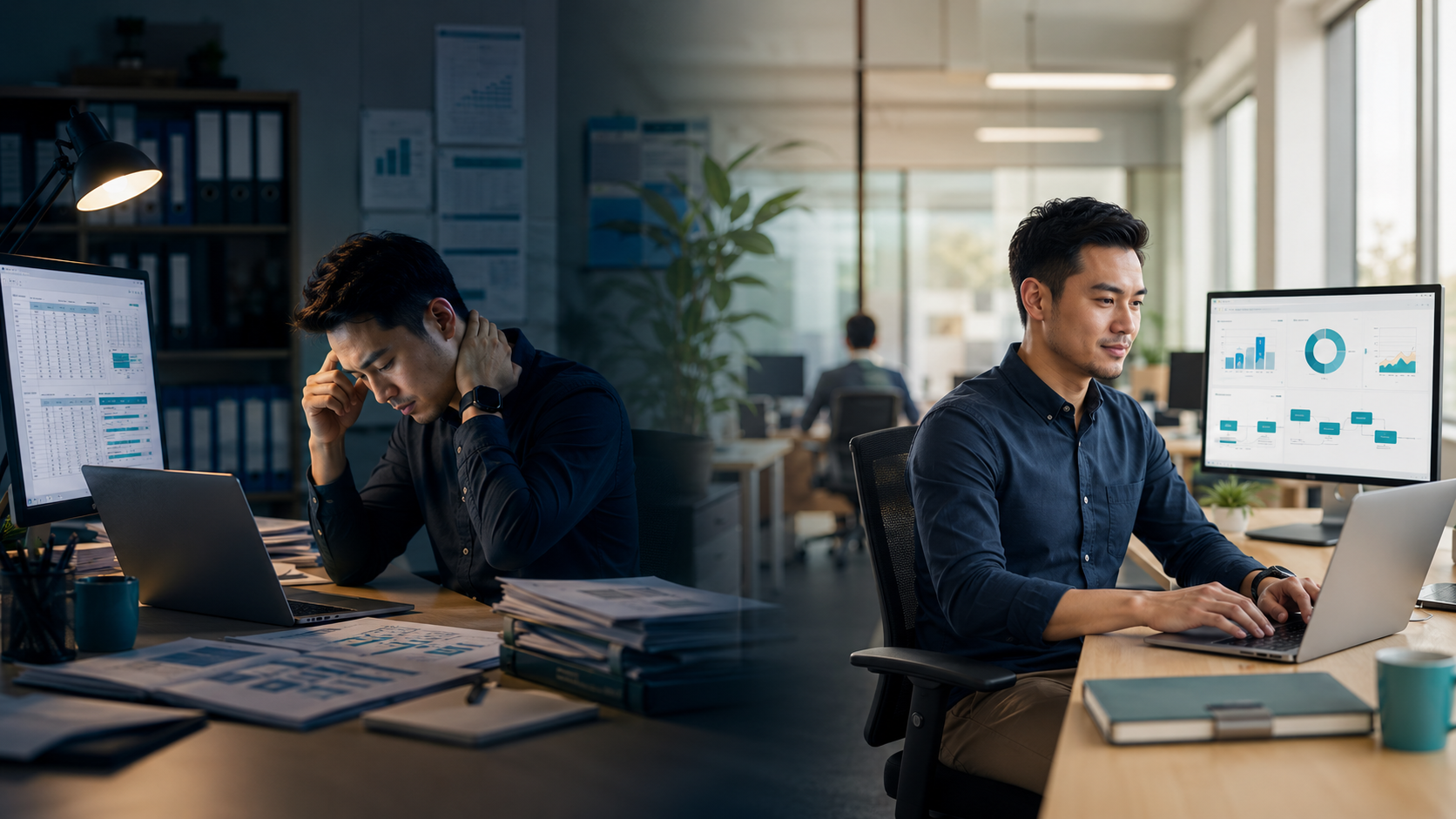 Office work changing from repetitive manual reporting to a calmer automated digital workflow